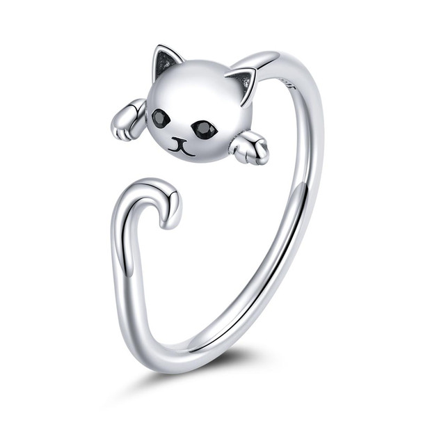 S925 Sterling Silver Cute Cat Women Open Ring