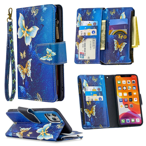 iPhone 11 Pro Max Colored Drawing Pattern Zipper Horizontal Flip Leather Case with Holder & Card Slots & Wallet(Golden Butterfly)