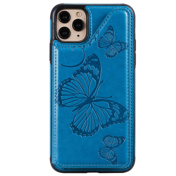 iPhone 11 Pro Max Butterfly Embossing Pattern Shockproof Protective Case with Holder & Card Slots & Photo Frame(Blue)