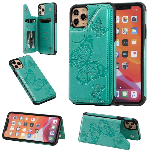 iPhone 11 Pro Max Butterfly Embossing Pattern Shockproof Protective Case with Holder & Card Slots & Photo Frame(Green)