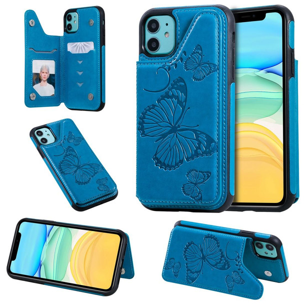 iPhone 11 Butterfly Embossing Pattern Shockproof Protective Case with Holder & Card Slots & Photo Frame(Blue)