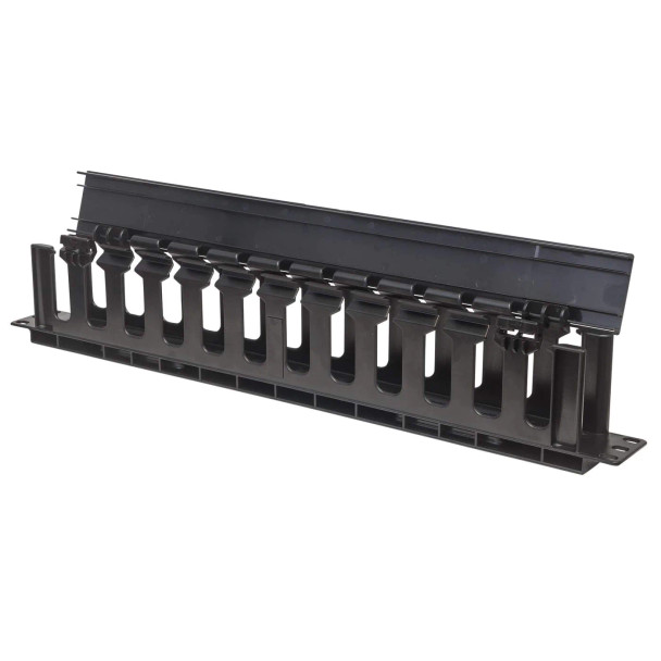 Intellinet 19" Cable Management Panel - 19" Rackmount Cable Manager, 1U, With Cover, Black, Retail Box, No Warranty