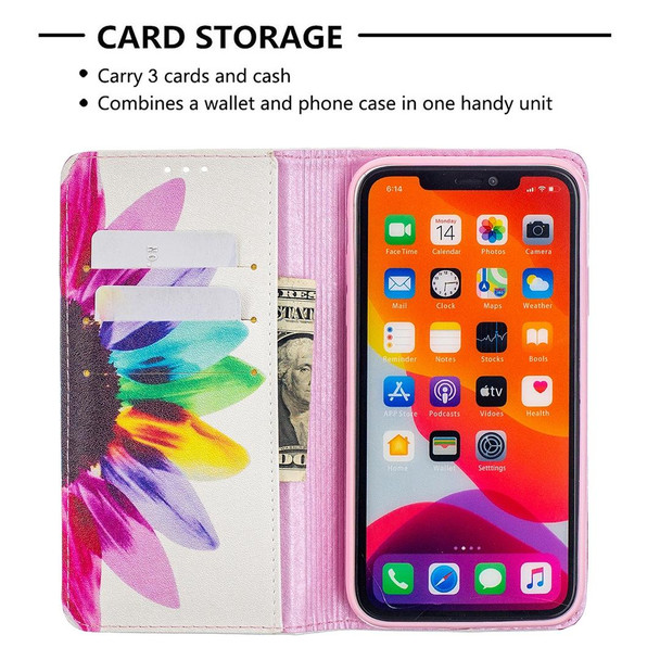 Colored Drawing Pattern Invisible Magnetic Horizontal Flip PU Leatherette Case with Holder & Card Slots & Wallet - iPhone 11(Sun Flower)