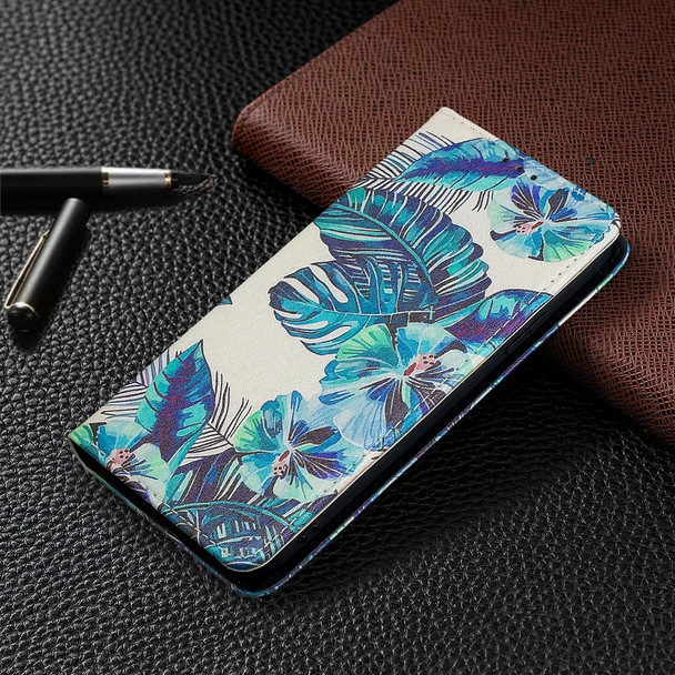 Colored Drawing Pattern Invisible Magnetic Horizontal Flip PU Leatherette Case with Holder & Card Slots & Wallet - iPhone 11(Blue Leaves)