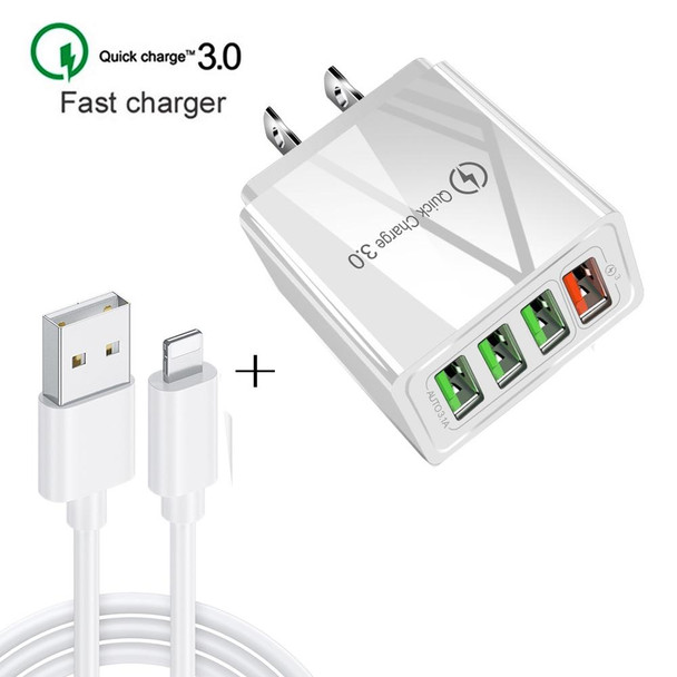 2 in 1 1m USB to 8 Pin Data Cable + 30W QC 3.0 4 USB Interfaces Mobile Phone Tablet PC Universal Quick Charger Travel Charger Set, US Plug(White)