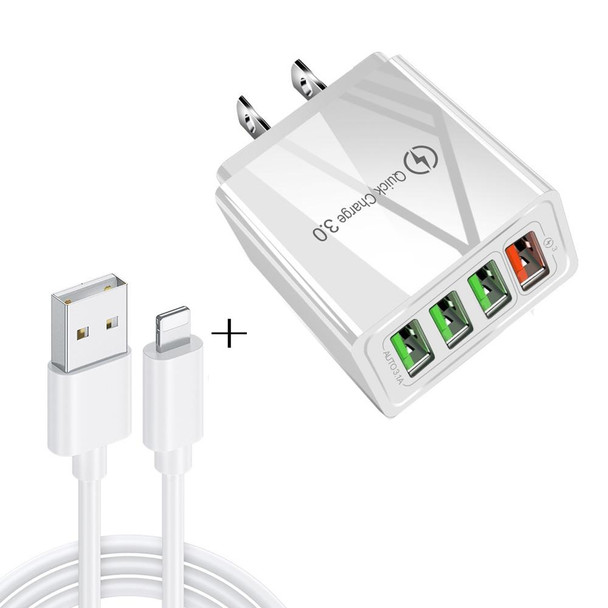 2 in 1 1m USB to 8 Pin Data Cable + 30W QC 3.0 4 USB Interfaces Mobile Phone Tablet PC Universal Quick Charger Travel Charger Set, US Plug(White)
