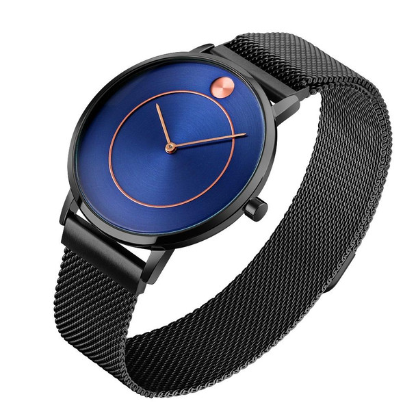 SKMEI 9197 Simple Non-scale Dial Metal Mesh Belt Quartz Watch for Ladies(Black Shell Blue Surface)