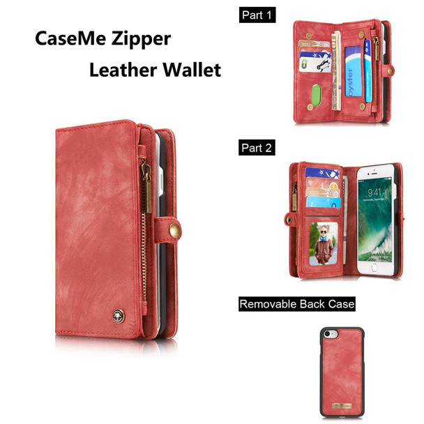 CaseMe for  iPhone 8 & 7  Multifunctional Leatherette Billfold with Detachable Magnetic PC Back Protective Case & Holder & 10 Card Slots & 3 Cash Slots & 1 Zipper Wallet & 2 Photo Frames & 3 Magnetic Clasps(Red)