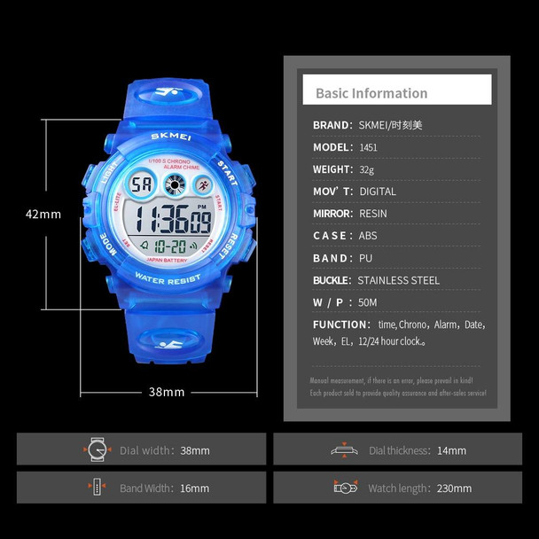 SKMEI 1451 LED Digital Stopwatch Chronograph Luminous Children Sports Electronic Watch(Transparent Rose Red)