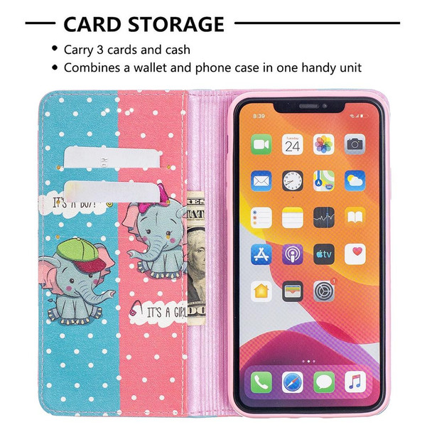 Colored Drawing Pattern Invisible Magnetic Horizontal Flip PU Leatherette Case with Holder & Card Slots & Wallet - iPhone 11 Pro Max(Elephant)
