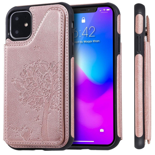 iPhone 11 Cat Tree Embossing Pattern Shockproof Protective Case with Card Slots & Photo Frame(Rose Gold)