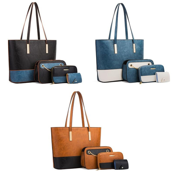 20820 4 in 1 Color-Block Messenger Handbag Large-Capacity Lady Bag(Blue White)