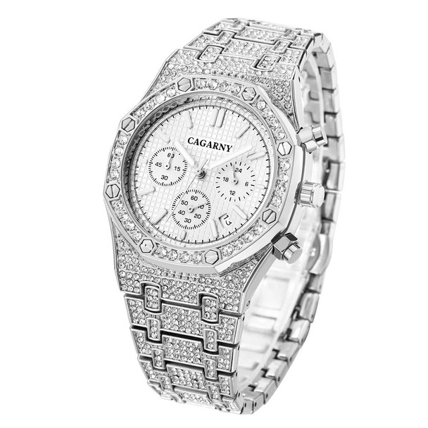 CAGARNY 6881 Diamond-studded Six-needles Guartz Dual Movement Watch Men Stainless Steel Strap Watch (Silver Shell White Dial)