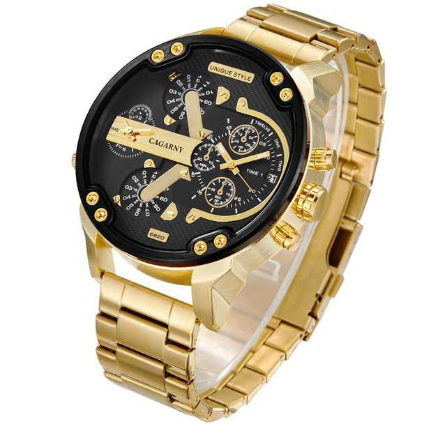 CAGARNY 6820 Large Dial Calendar Display Stainless Steel Band Quartz Dual Movement Watch - Men(Black Ring Gold Steel Belt)