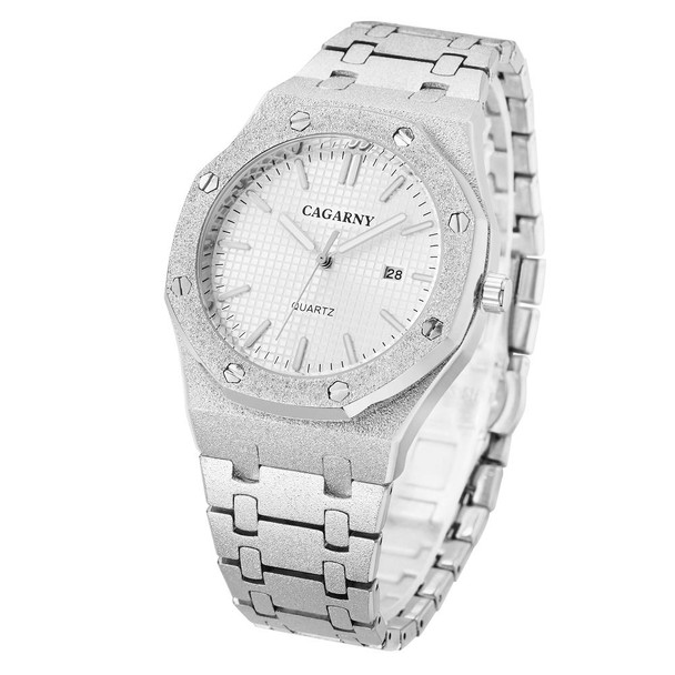 CAGARNY 6885 Octagonal Dial Quartz Dual Movement Watch Men Stainless Steel Strap Watch(Silver Shell White Dial)