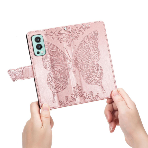 Butterfly Love Flowers Embossed Horizontal Flip Leatherette Case with Holder & Card Slots & Wallet & Lanyard - OnePlus Nord 2 5G(Rose Gold)