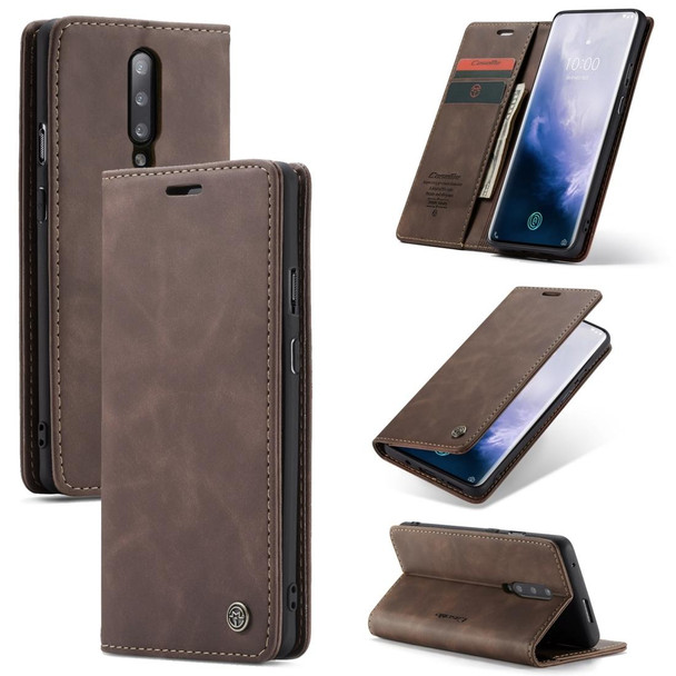 CaseMe-013 Multifunctional Retro Frosted Horizontal Flip Leatherette Case for OnePlus 7 Pro, with Card Slot & Holder & Zipper Wallet & Photo Frame(Coffee)