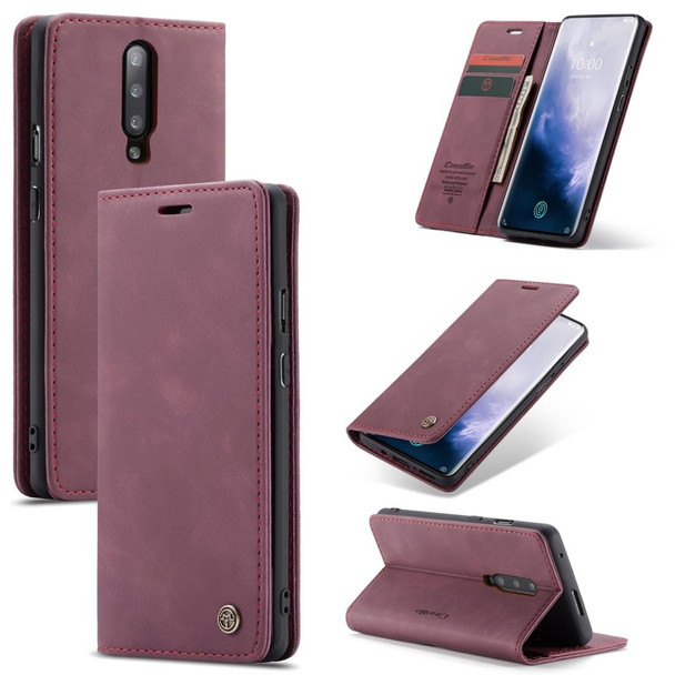 CaseMe-013 Multifunctional Retro Frosted Horizontal Flip Leatherette Case for OnePlus 7 Pro, with Card Slot & Holder & Zipper Wallet & Photo Frame(Wine Red)