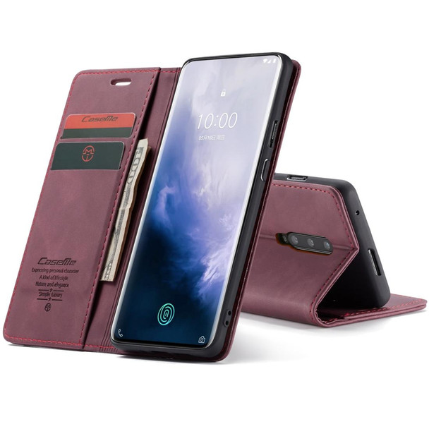 CaseMe-013 Multifunctional Retro Frosted Horizontal Flip Leatherette Case for OnePlus 7 Pro, with Card Slot & Holder & Zipper Wallet & Photo Frame(Wine Red)