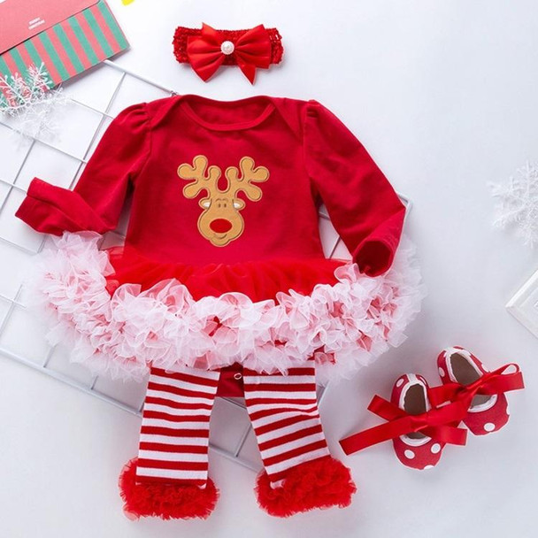 Baby Christmas Clothes Long Sleeve Cartoon Romper Net Yarn Tutu Four-piece Childrens Wear (Color:Christmas Elk Size:80)