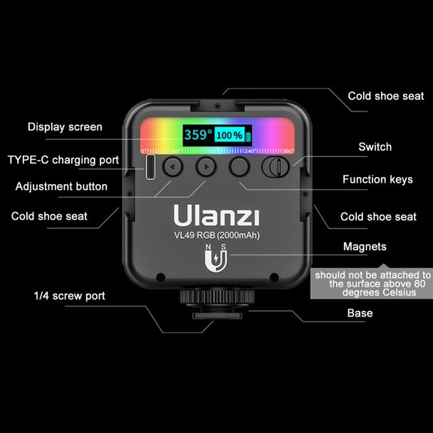 Ulanzi VL49 RGB Small LED Video Fill Light 6W Vlog Photography Beauty Light(Black)