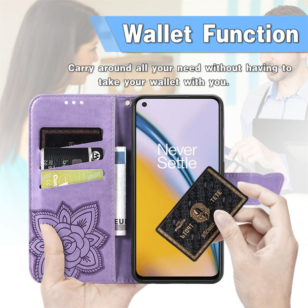 Butterfly Love Flowers Embossed Horizontal Flip Leatherette Case with Holder & Card Slots & Wallet & Lanyard - OnePlus Nord 2 5G(Light Purple)