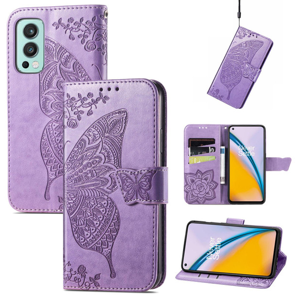 Butterfly Love Flowers Embossed Horizontal Flip Leatherette Case with Holder & Card Slots & Wallet & Lanyard - OnePlus Nord 2 5G(Light Purple)