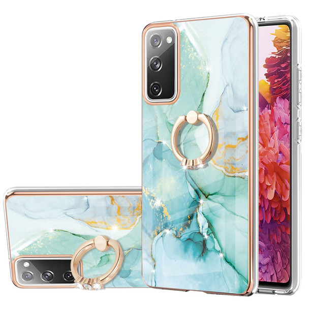 Samsung Galaxy S20 FE 5G / 4G Electroplating Marble Pattern IMD TPU Shockproof Case with Ring Holder(Green 003)