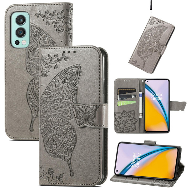 Butterfly Love Flowers Embossed Horizontal Flip Leatherette Case with Holder & Card Slots & Wallet & Lanyard - OnePlus Nord 2 5G(Gray)