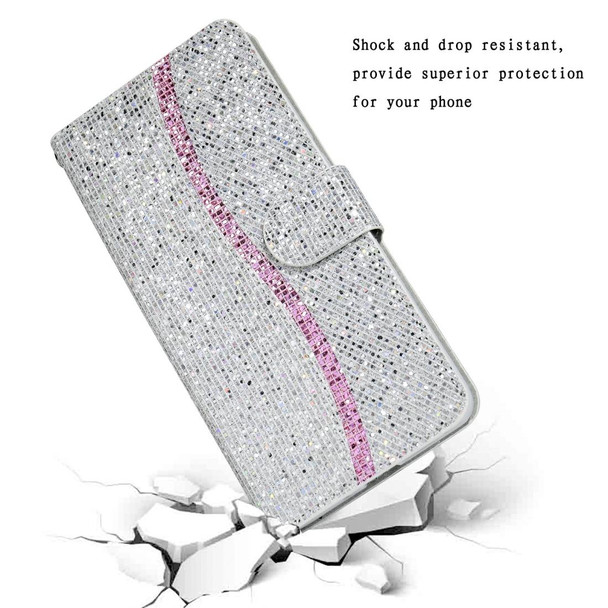 iPhone 11 Pro Max Glitter Powder Horizontal Flip Leather Case with Card Slots & Holder & Lanyard(Silver)