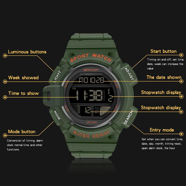 SANDA 2106 LED Digital Display Luminous Alarm Clock Men Outdoor Sports Electronic Watch(Khaki)