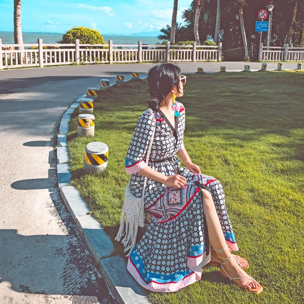 Bohemian Holiday Vintage Print Color-blocking Button Cardigan Waist Lace Dress (Color:Baby Blue Size:S)