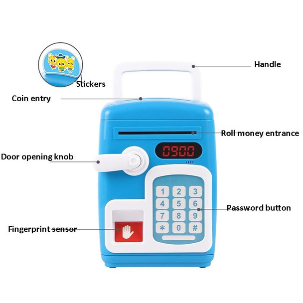 8001 Fingerprint Sensor Unlock ATM Piggy Bank Automatic Rolling Money Simulation Password Safe Toy(Big-headed Rat Blue)