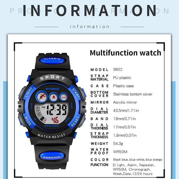 SYNOKE 9802 Children Sports Waterproof Digital Watch(Blue White)