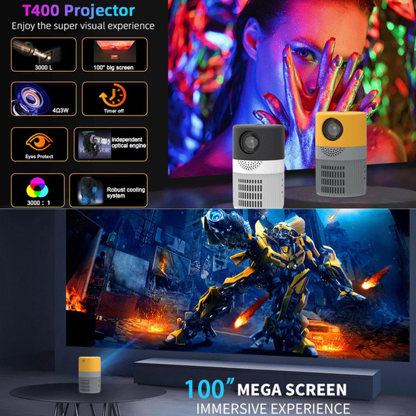 T400 100 inch Screen 3000 Lumens LED Mini Projector, Plug Type:AU Plug(Black White)