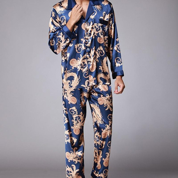 Men Long Sleeve Pajamas Set (Color:Blue Size:L)
