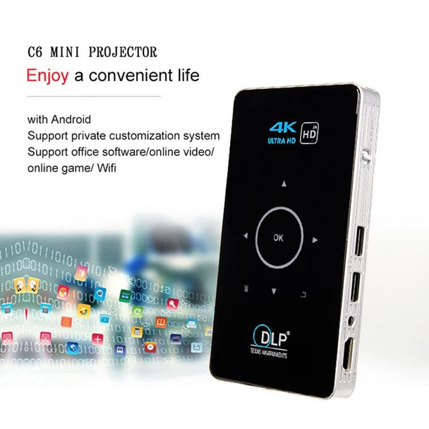 C6 1G+8G Android System Intelligent DLP HD Mini Projector Portable Home Mobile Phone Projector EU Plug (Black)