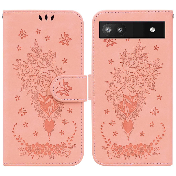 Google Pixel 6a Butterfly Rose Embossed Leather Phone Case(Pink)