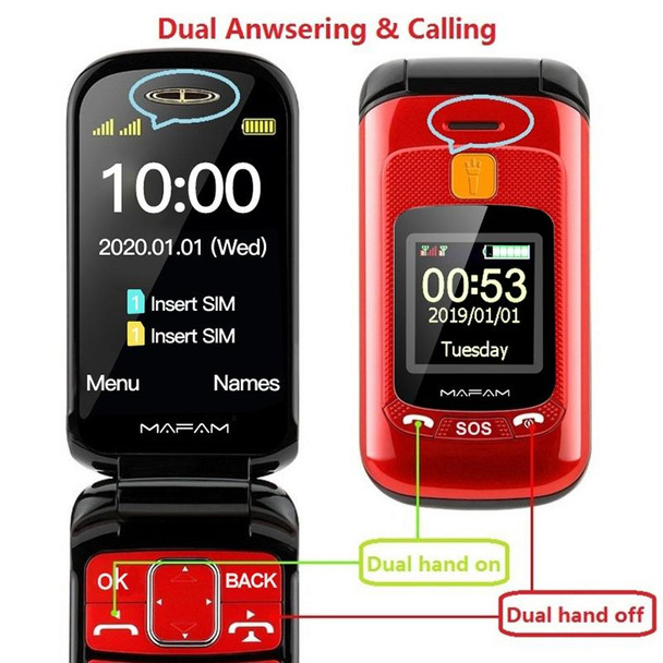 Mafam F899 Flip Phone, 2.4 inch, 32MB+32MB, Support FM, SOS, GSM, Family Number, Big Keys, Dual SIM (Red)