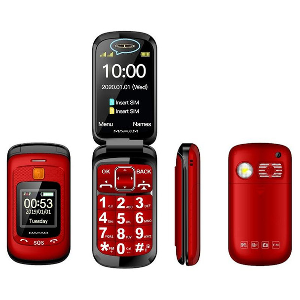 Mafam F899 Flip Phone, 2.4 inch, 32MB+32MB, Support FM, SOS, GSM, Family Number, Big Keys, Dual SIM (Red)