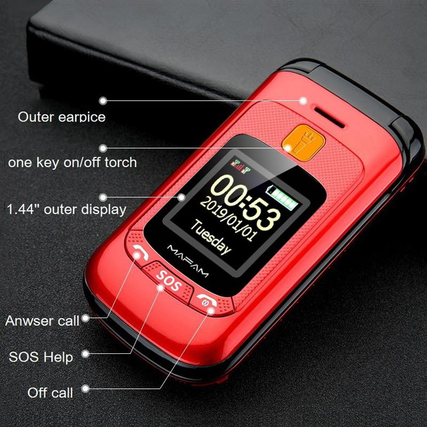 Mafam F899 Flip Phone, 2.4 inch, 32MB+32MB, Support FM, SOS, GSM, Family Number, Big Keys, Dual SIM (Red)