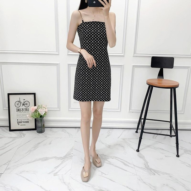 Off-shoulder Bag Hip Print Suspender Dress (Color:Black Size:L)