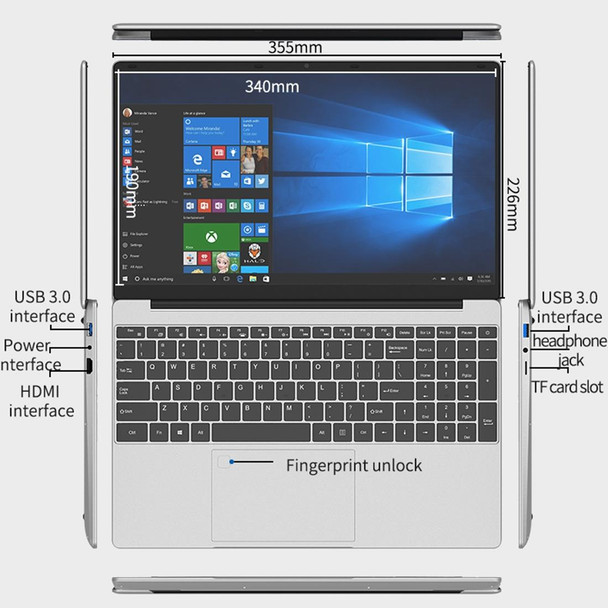 CENAVA F152 Notebook, 15.6 inch, 12GB+128GB, Fingerprint Unlock, Windows 10 Intel Celeron J4105 Quad Core 1.5-2.5GHz, Support TF Card & Bluetooth & WiFi & HDMI, US Plug (Silver)