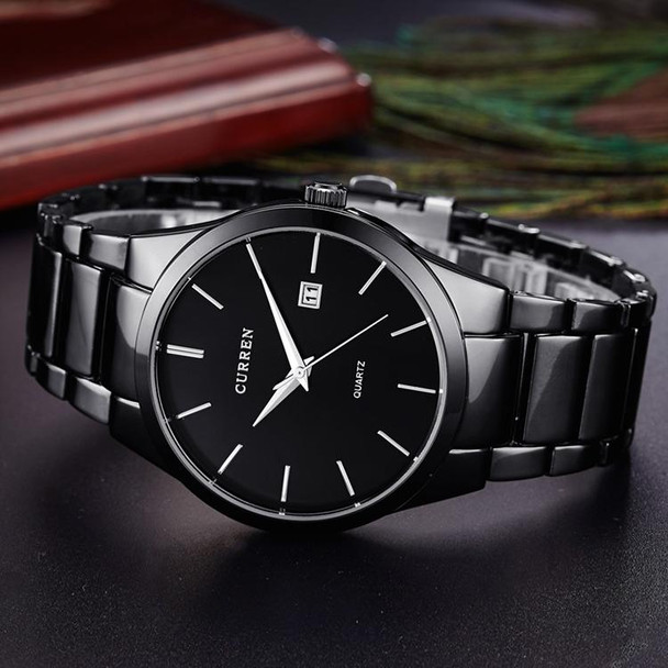 CURREN 8106 Fashion Business Calendar Waterproof Full Steel Quartz Watch(black case black face)