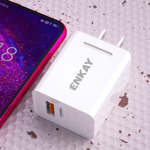 ENKAY Hat-Prince U033 18W 3A PD + QC3.0 Dual USB Fast Charging Power Adapter US Plug Portable Travel Charger With 1m 3A 8 Pin Cable