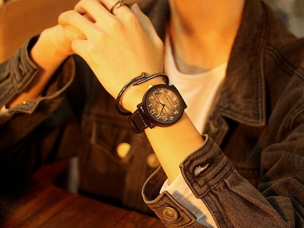 Waterproof Retro PU Leather Strap Quartz Watch(Black Band Wooden Dial)