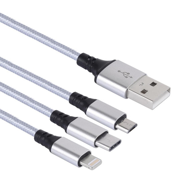 2A 1.2m 3 in 1 USB to 8 Pin & USB-C / Type-C & Micro USB Nylon Weave Charging Cable, - iPhone / iPad / Galaxy / Huawei / Xiaomi / LG / HTC / Meizu and Other Smart Phones(Silver)