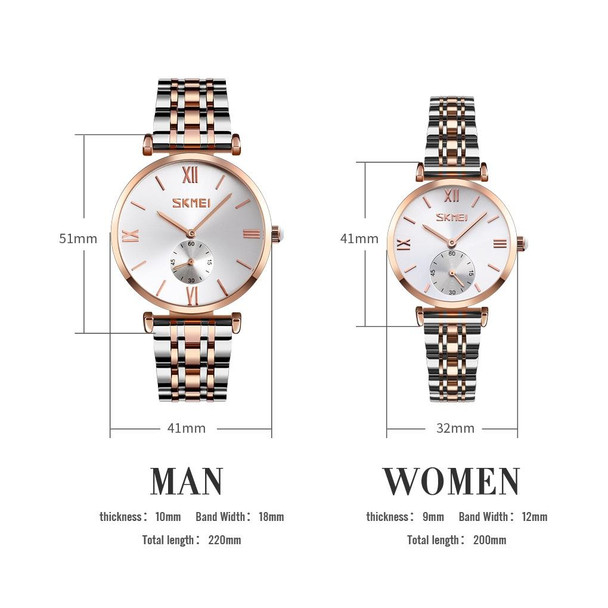 SKMEI 9198 Simple Roman Numeral Dial Metal Belt Quartz Watch for Couples(Rose Gold Silver Men)