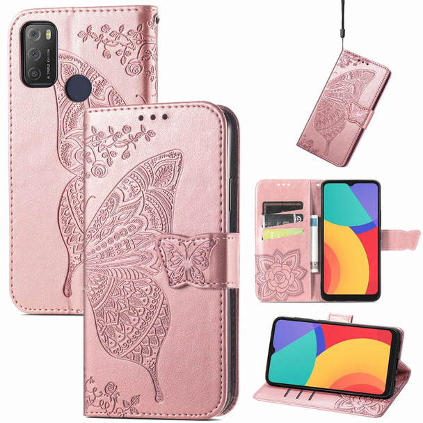 Alcatel 1S 2021 Butterfly Love Flower Embossed Horizontal Flip Leatherette Case with Holder & Card Slots & Wallet & Lanyard(Rose Gold)