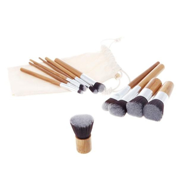 11 PCS Nylon Hair Bamboo Handle Makeup Brush Set with Pouch